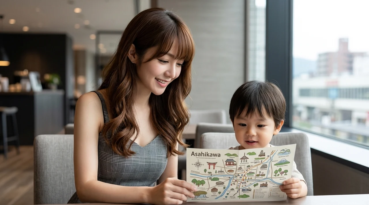 旭川駅周辺のホテルに子連れで泊まるメリット5つをイメージした写真風の画像