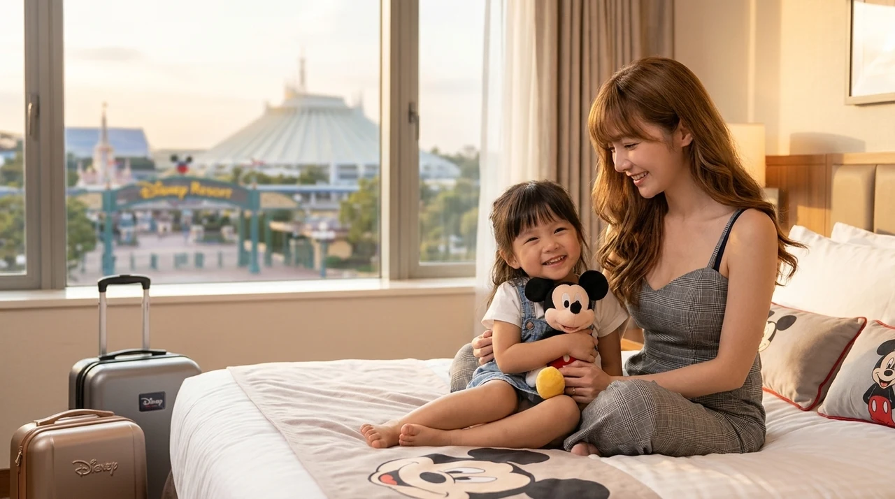 ディズニー周辺ホテルに子連れで宿泊する5つのメリットをイメージした写真風の画像