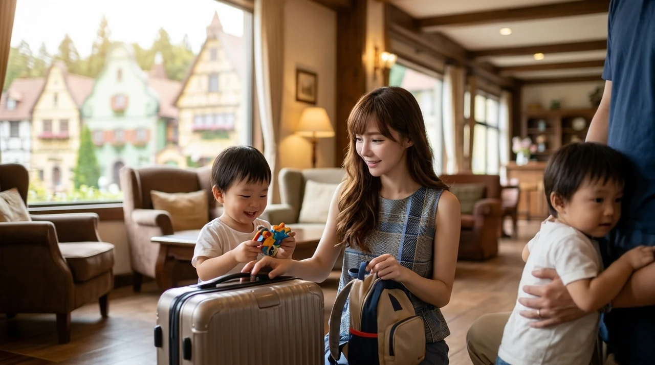 ドイツ村周辺のホテルに子連れで泊まるメリット5つをイメージした写真風の画像