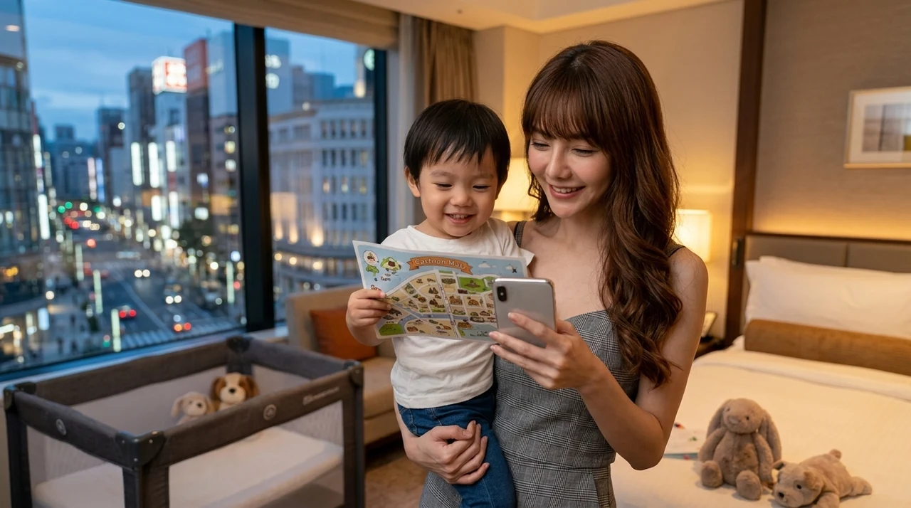 銀座のホテル選びで確認したい子連れ向けの重要ポイントをイメージした写真風の画像