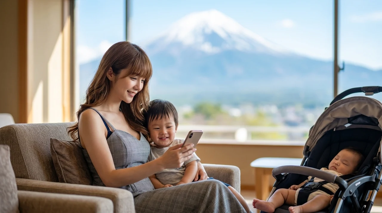 御殿場で子連れホテルを安く選ぶ4つのポイントをイメージした写真風の画像