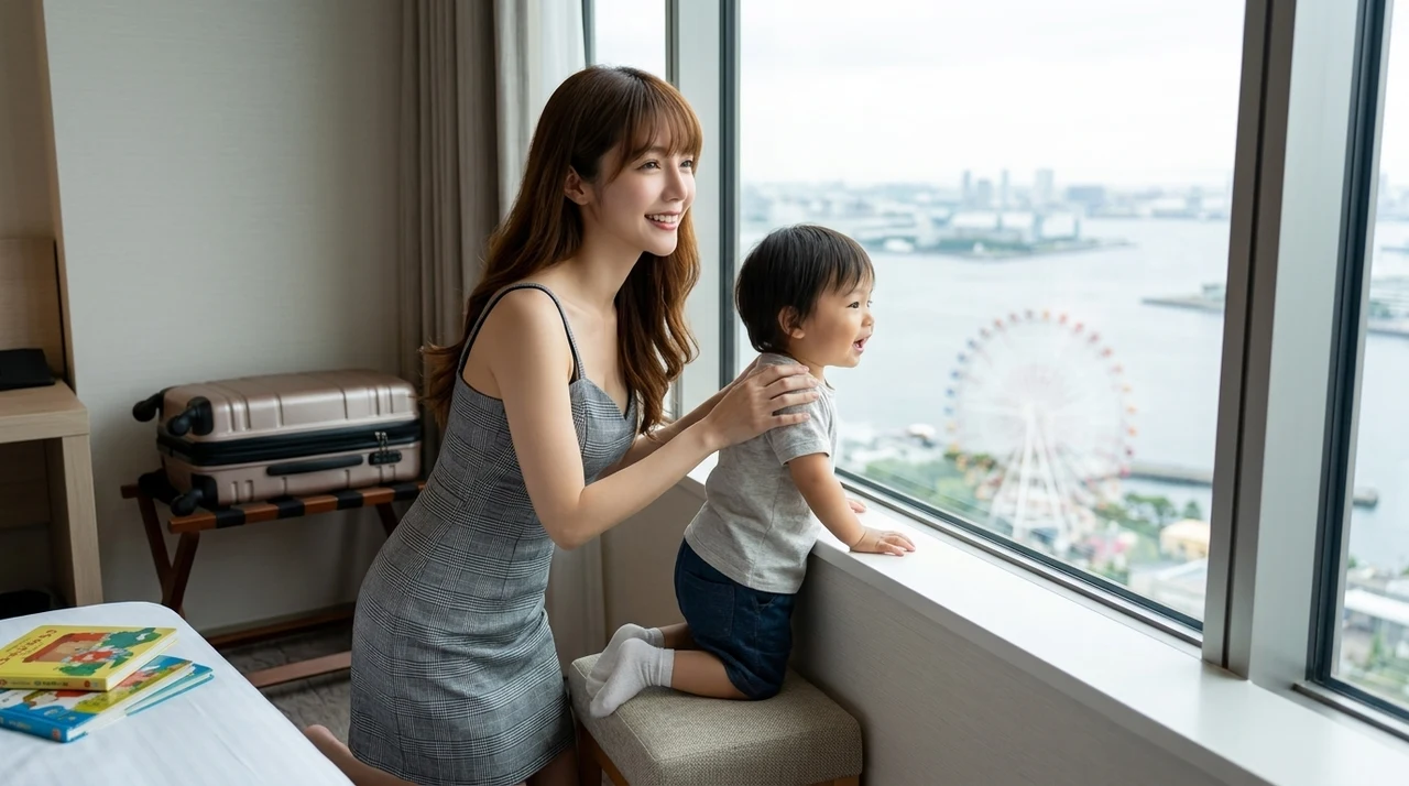 お台場のホテルを子連れで選ぶ際にチェックすべき5つのポイントをイメージした写真風の画像