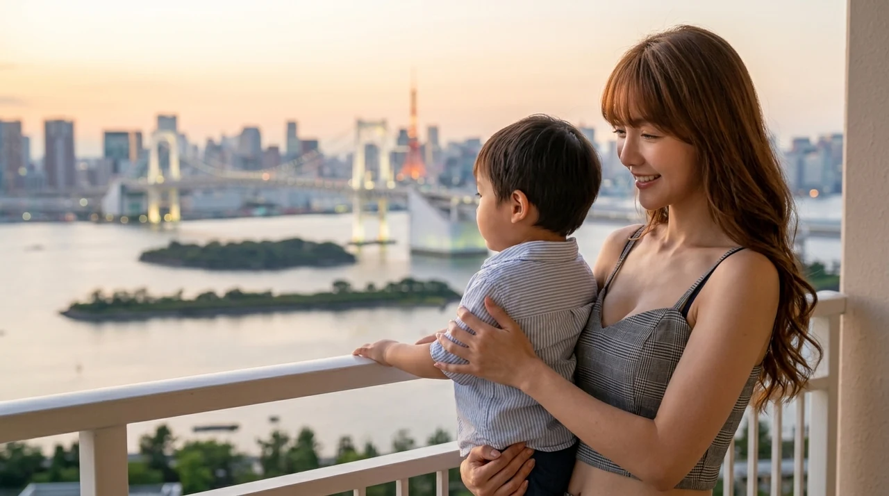 お台場のホテルに子連れで宿泊する5つのメリットをイメージした写真風の画像