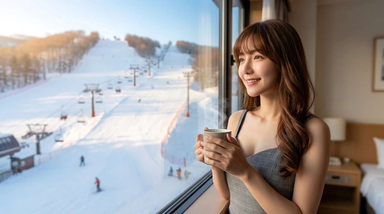 北海道のゲレンデ直結ホテルに宿泊するメリット5つをイメージした写真風の画像